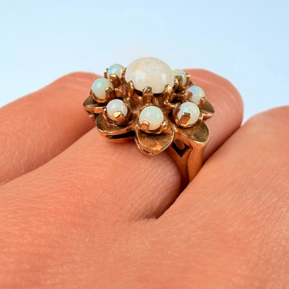 Estate 14K Solid Yellow Gold Australian Opal Vintage Atomic Retro Cocktail Ring - Picture 5 of 12